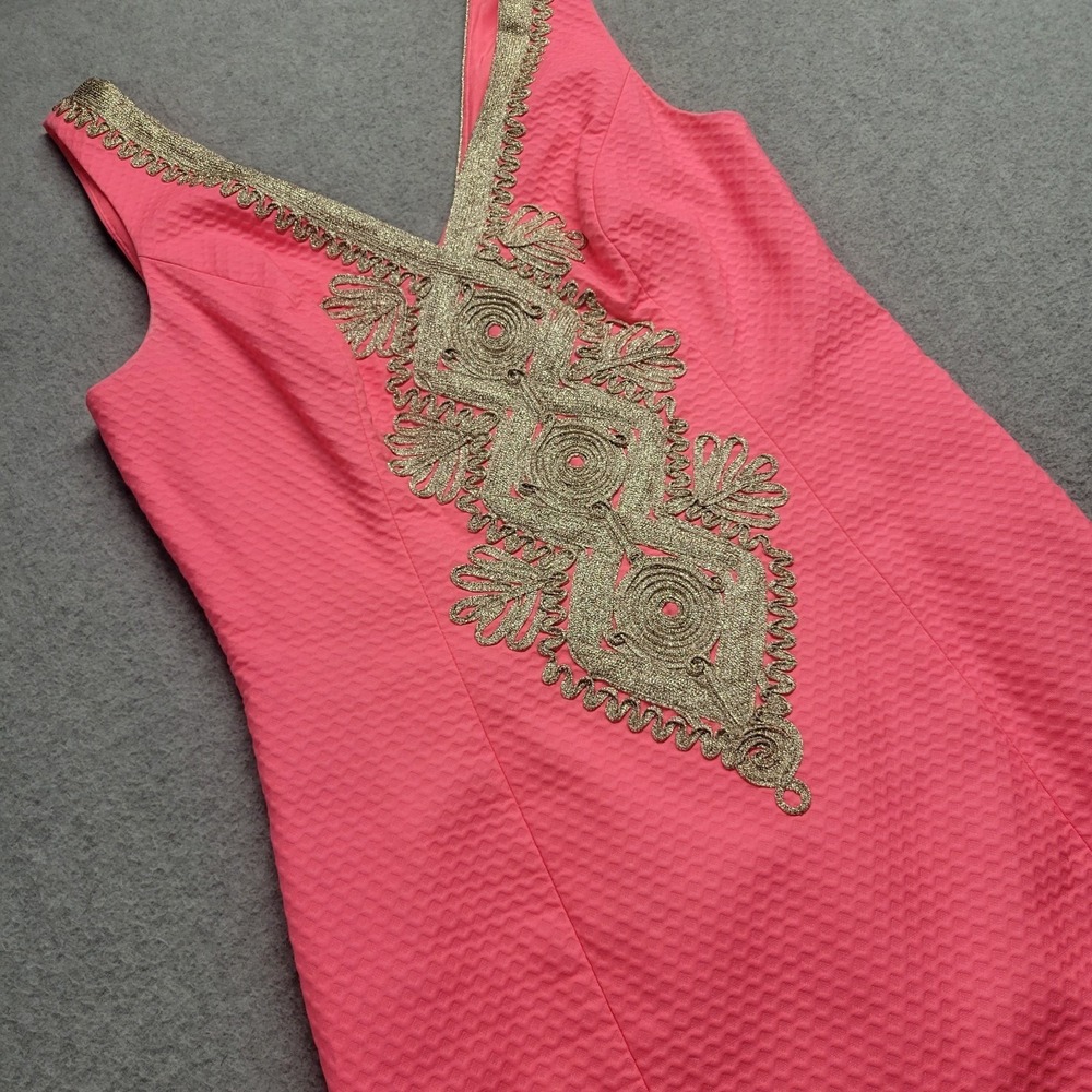 Lilly‎ Pulitzer Pink Seersucker Gold Soutache Embroidered V-Neck Shift Dress 0 - Picture 2 of 15